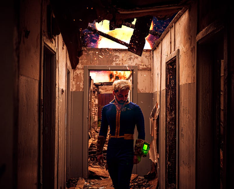 A person in cosplay suit explores a damaged corridor with a green glowing device amidst rubble.